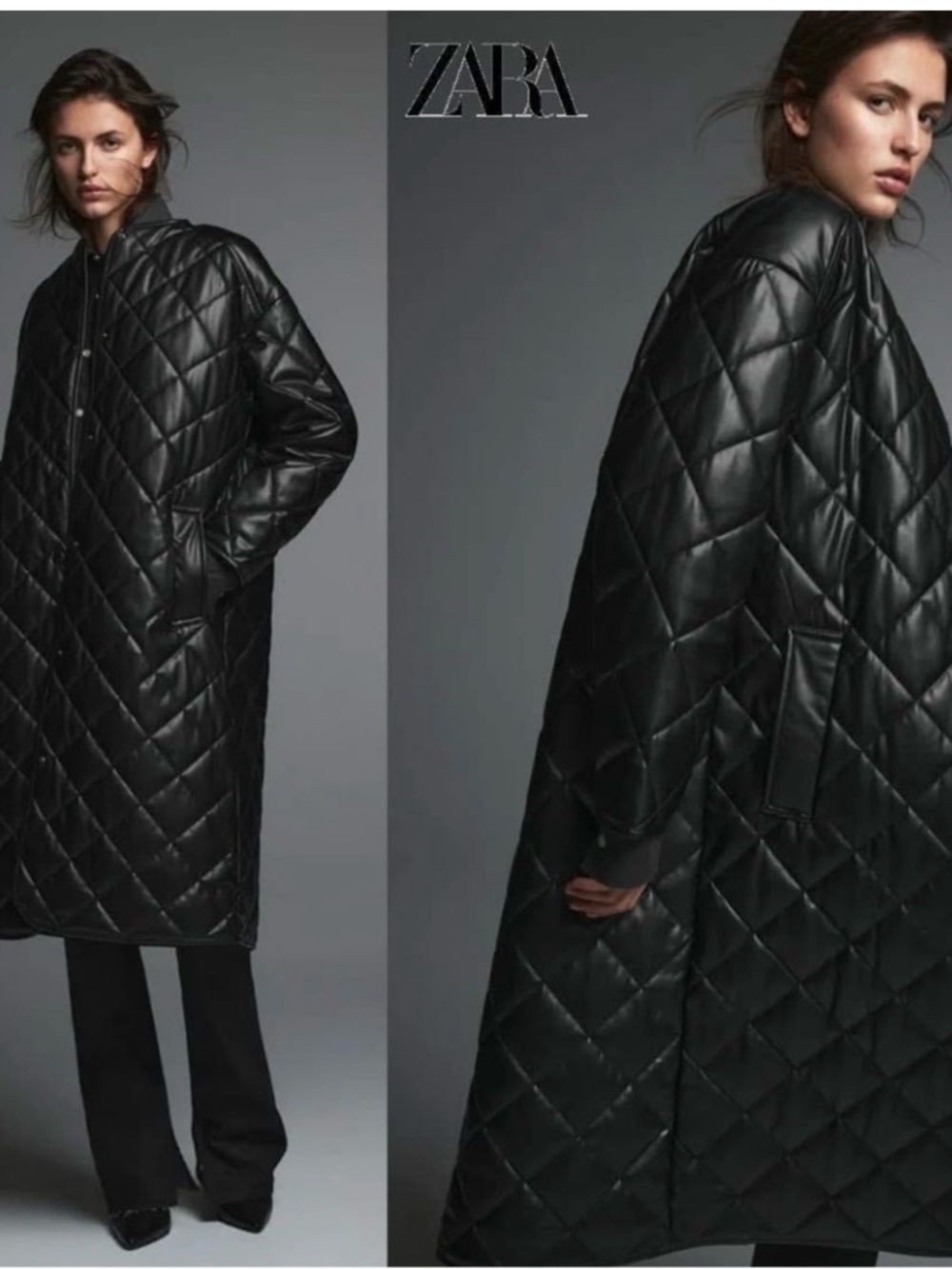 Zara Black Quilted Long Puffer Coat with Diamond Stitch
